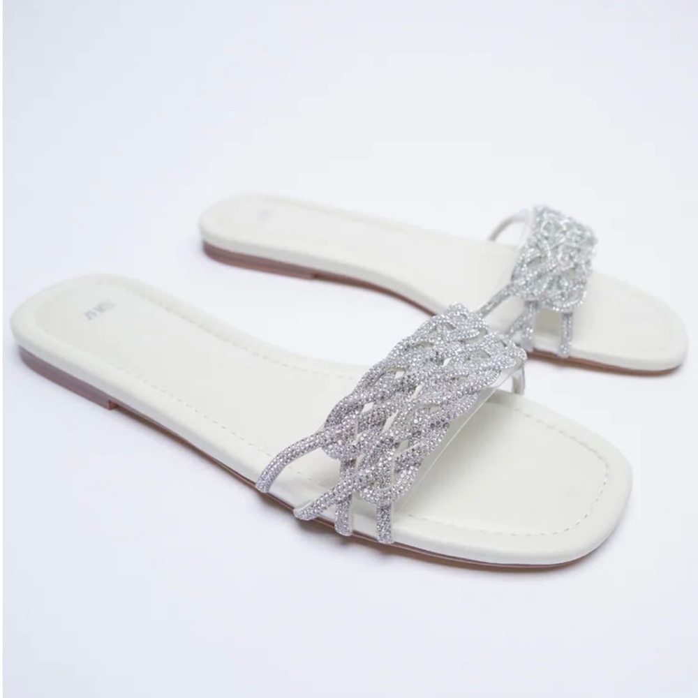 Zara White Sparkly Low Heeled Sandals